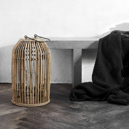 large rattan lantern with handle & glass inside